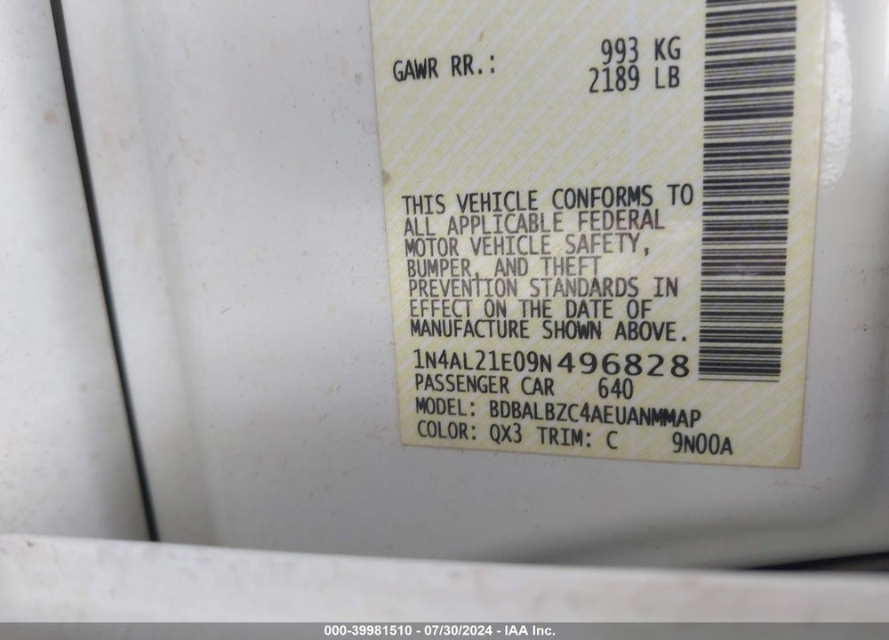2009 NISSAN ALTIMA 2.5 S VIN: 1N4AL21E09N496828