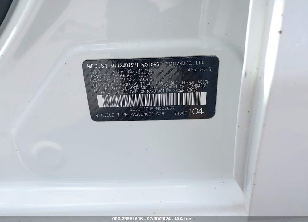 2017 MITSUBISHI MIRAGE G4 ES VIN: ML32F3FJ5HH002657