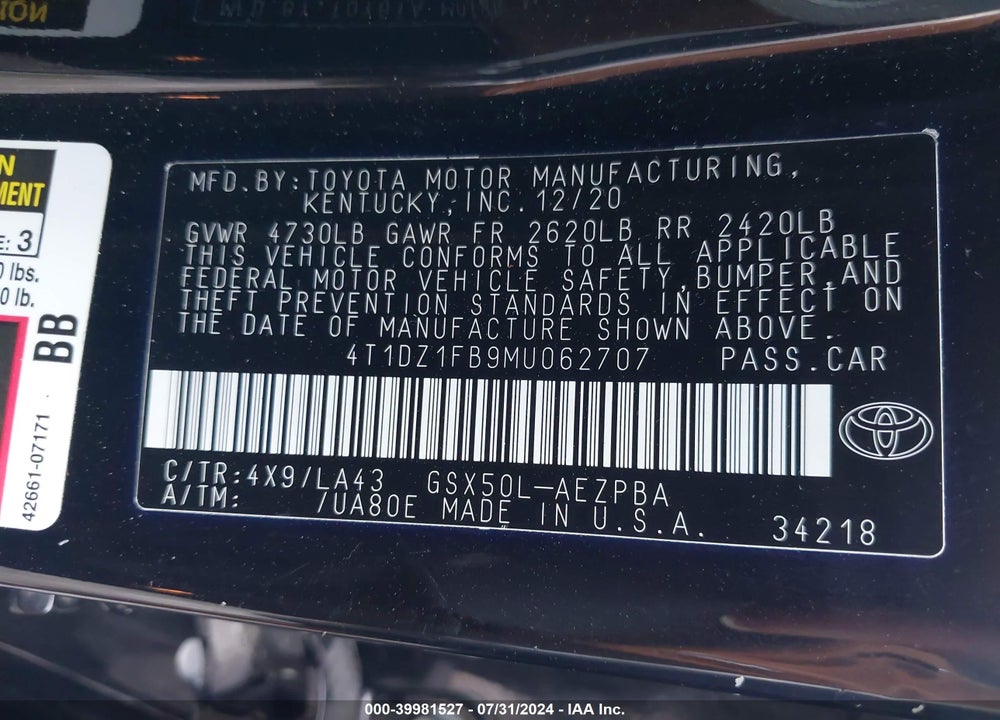 2021 TOYOTA AVALON LIMITED VIN: 4T1DZ1FB9MU062707