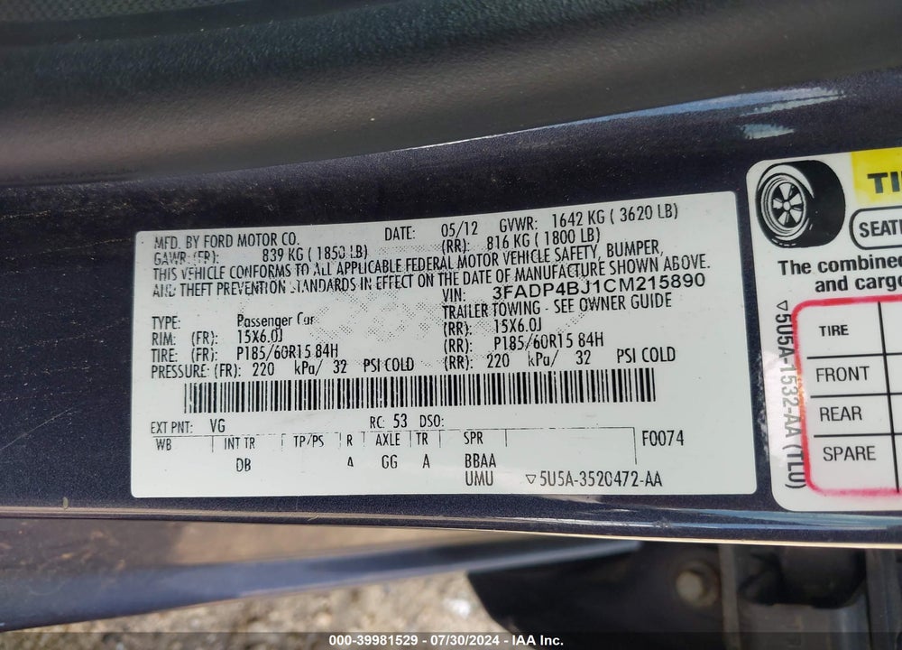 2012 FORD FIESTA SE VIN: 3FADP4BJ1CM215890