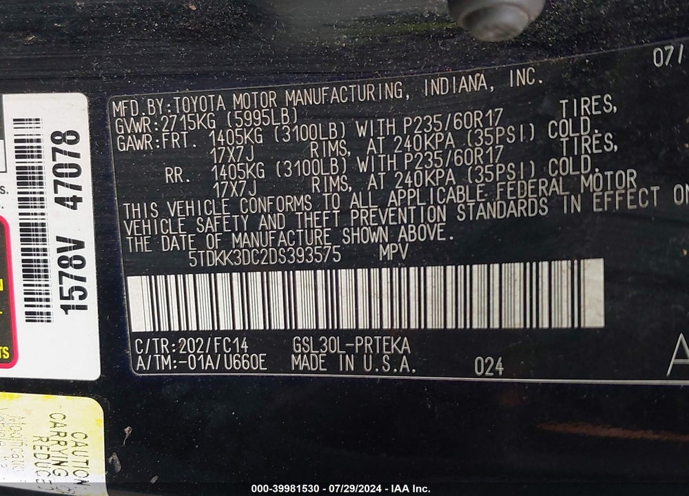 2013 TOYOTA SIENNA LE V6 8 PASSENGER VIN: 5TDKK3DC2DS393575