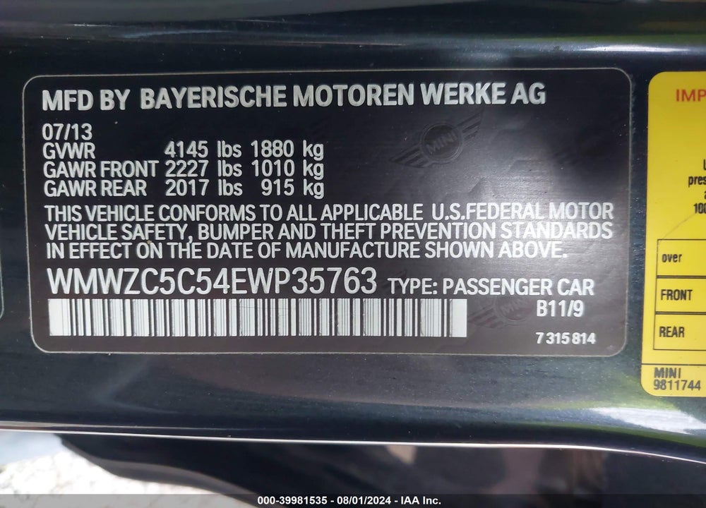 2014 MINI COUNTRYMAN COOPER S VIN: WMWZC5C54EWP35763