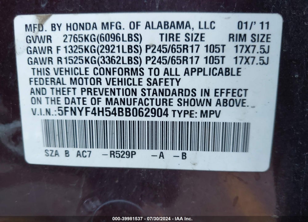 2011 HONDA PILOT VIN: 5FNYF4H54BB062904