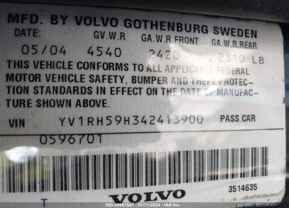2004 VOLVO S60 2.5T AWD VIN: YV1RH59H342413900