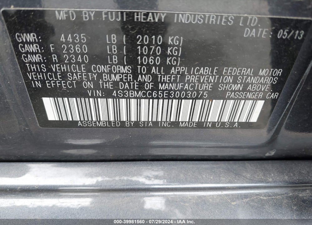 2014 SUBARU LEGACY 2.5I PREMIUM VIN: 4S3BMCC65E3003075