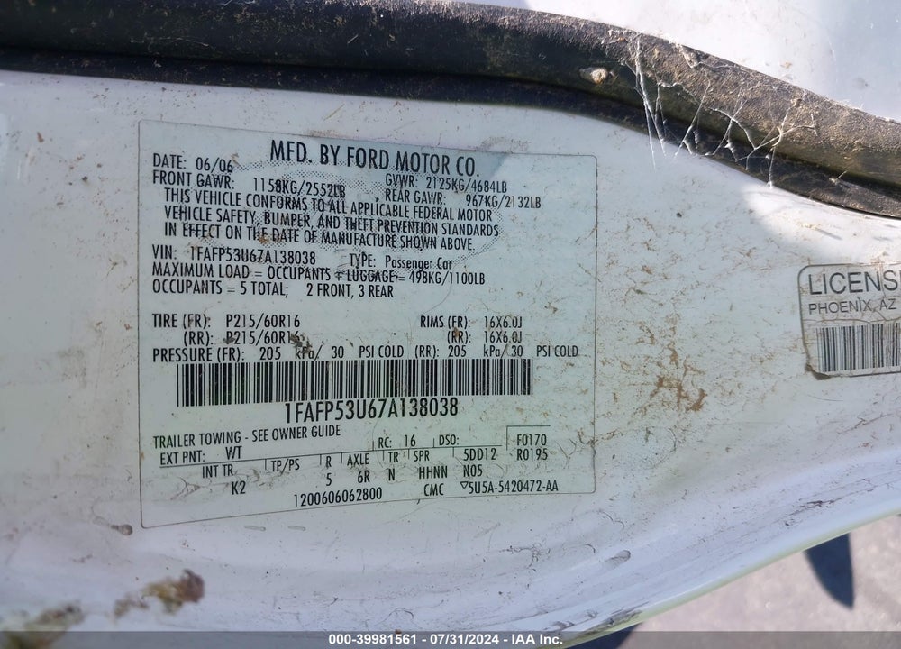 2007 FORD TAURUS SE VIN: 1FAFP53U67A138038