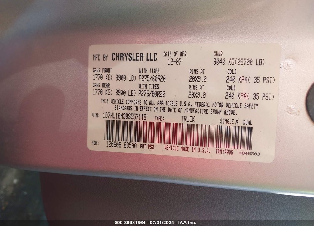 2008 DODGE RAM 1500 SLT VIN: 1D7HU18N38S557116