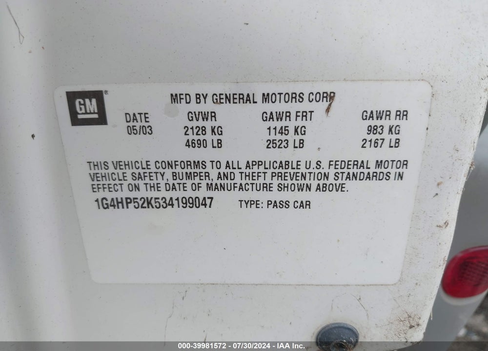 2003 BUICK LESABRE CUSTOM VIN: 1G4HP52K534199047