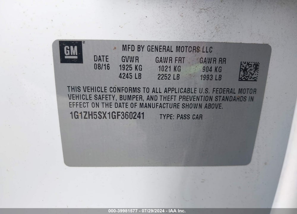 2016 CHEVROLET MALIBU PREMIER VIN: 1G1ZH5SX1GF360241