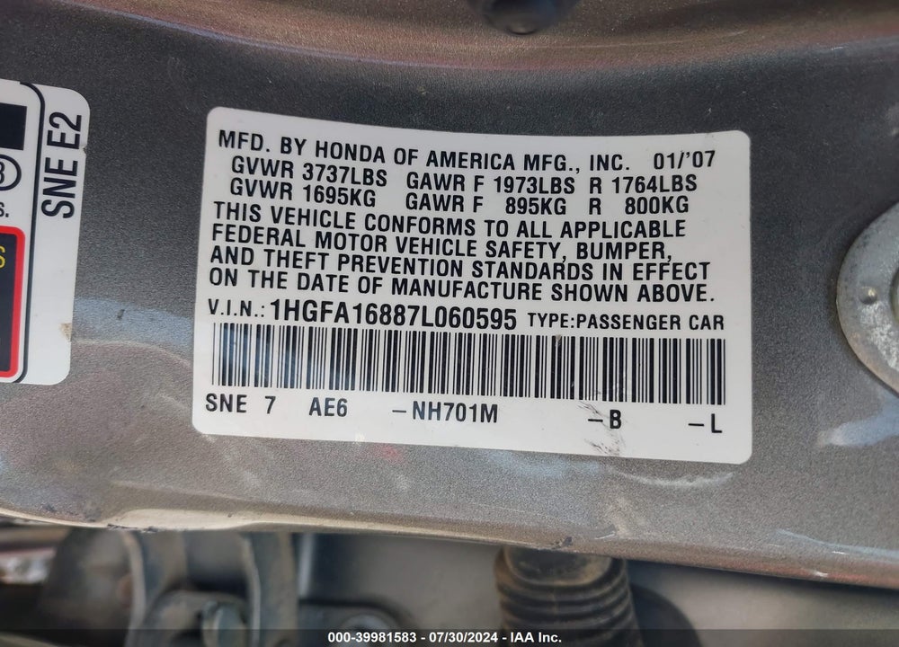 2007 HONDA CIVIC EX VIN: 1HGFA16887L060595