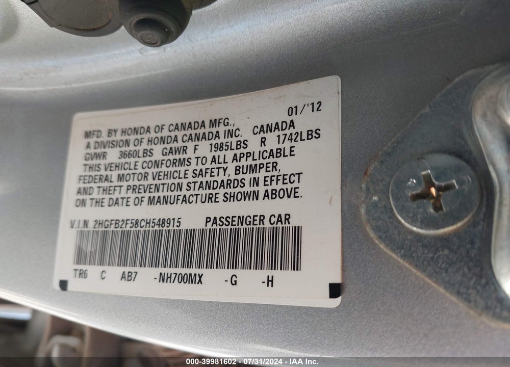 2012 HONDA CIVIC LX VIN: 2HGFB2F58CH548915