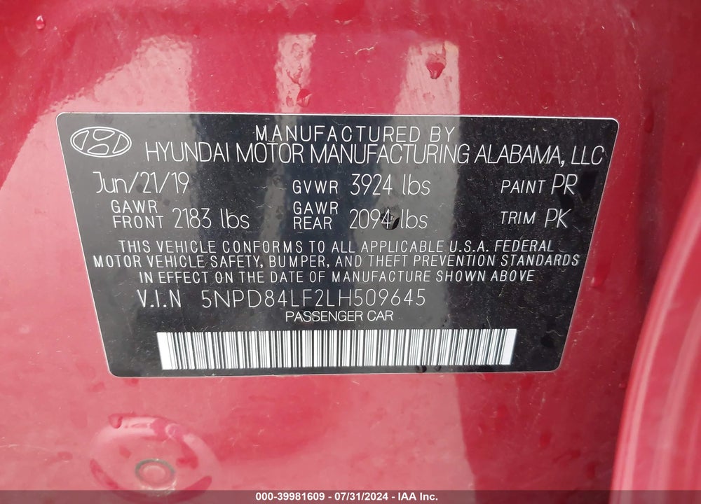 2020 HYUNDAI ELANTRA SEL VIN: 5NPD84LF2LH509645