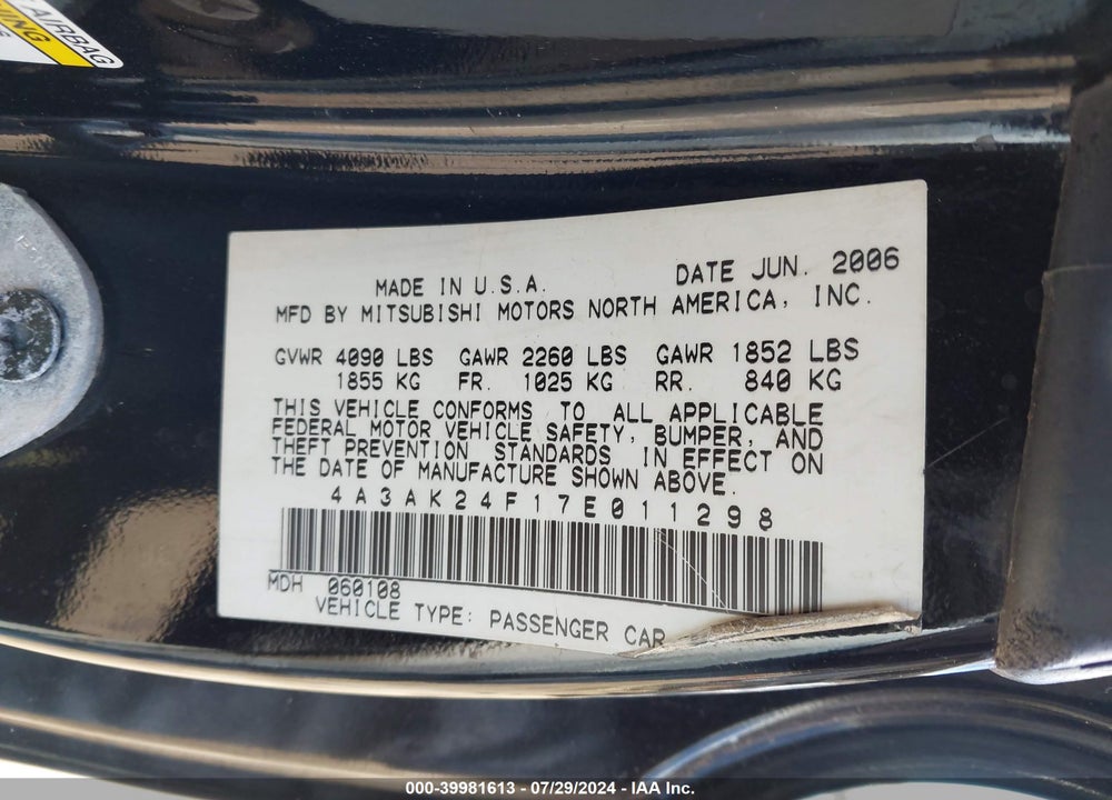 2007 MITSUBISHI ECLIPSE GS VIN: 4A3AK24F17E011298