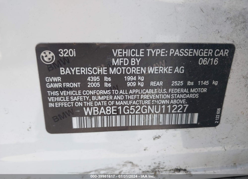 2016 BMW 320I VIN: WBA8E1G52GNU11227