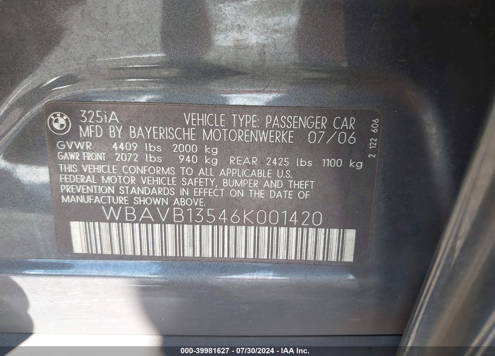 2006 BMW 325I VIN: WBAVB13546K001420