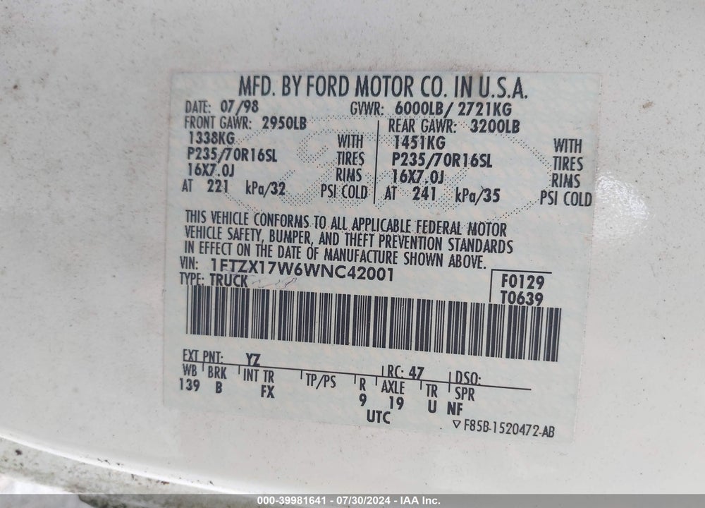 1998 FORD F-150 LARIAT/STANDARD/XL/XLT VIN: 1FTZX17W6WNC42001