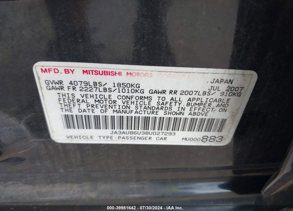 2008 MITSUBISHI LANCER GTS VIN: JA3AU86U38U027293