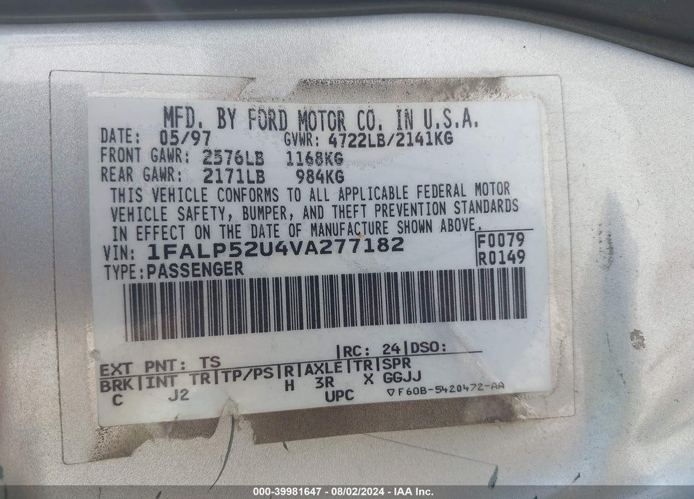 1997 FORD TAURUS GL VIN: 1FALP52U4VA277182