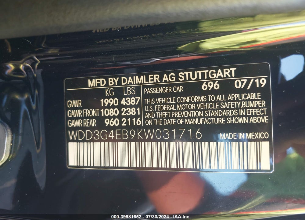 2019 MERCEDES-BENZ A 220 VIN: WDD3G4EB9KW031716
