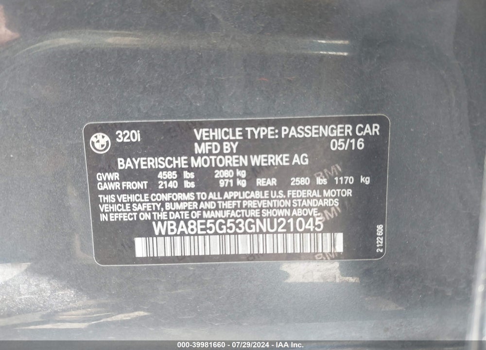 2016 BMW 320I VIN: WBA8E5G53GNU21045