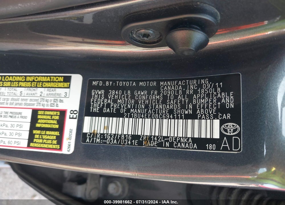 2011 TOYOTA COROLLA LE VIN: 2T1BU4EE0BC694111