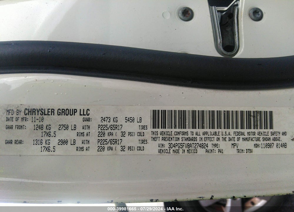 2010 DODGE JOURNEY VIN: 3D4PG5FV8AT274824