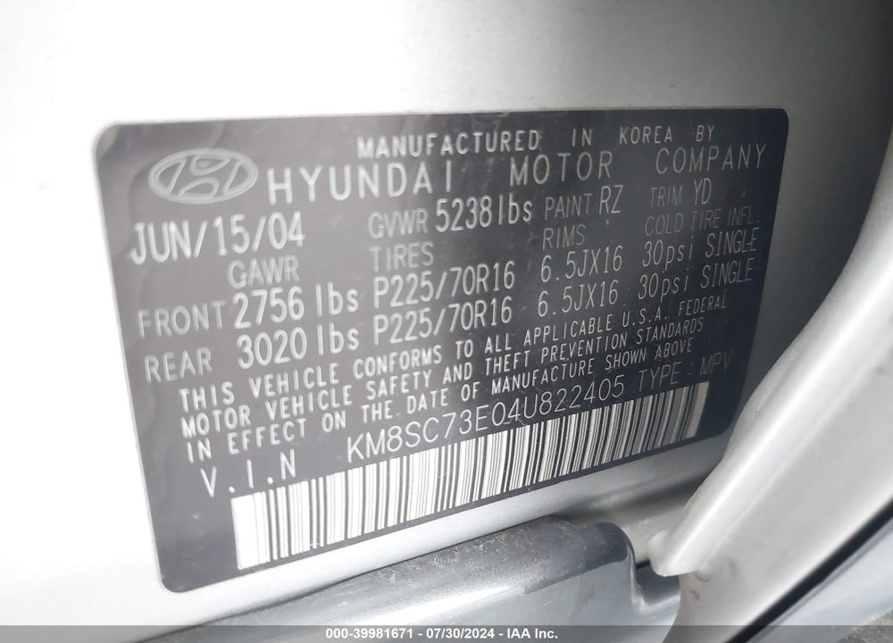 2004 HYUNDAI SANTA FE GLS/LX VIN: KM8SC73E04U822405
