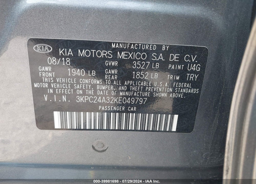 2019 HYUNDAI ACCENT SE VIN: 3KPC24A32KE049797