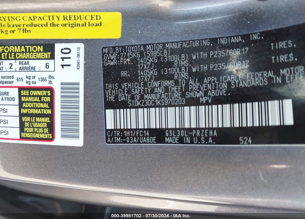 2019 TOYOTA SIENNA LE 8 PASSENGER VIN: 5TDKZ3DC1KS970203