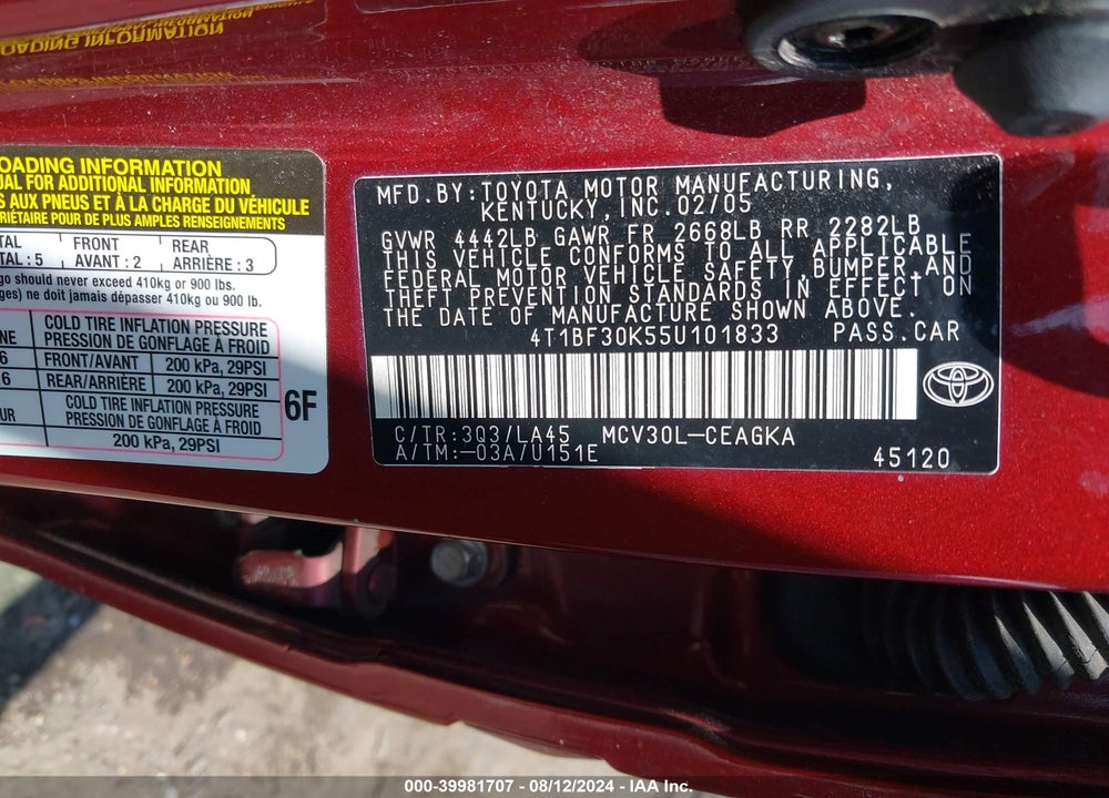 2005 TOYOTA CAMRY LE V6/XLE V6 VIN: 4T1BF30K55U101833