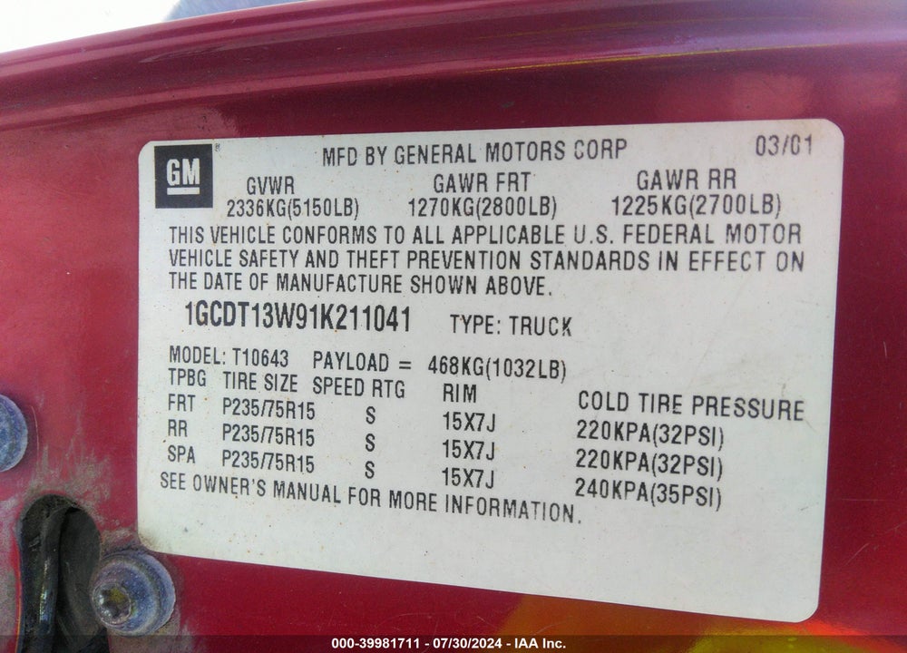 2001 CHEVROLET S-10 LS VIN: 1GCDT13W91K211041