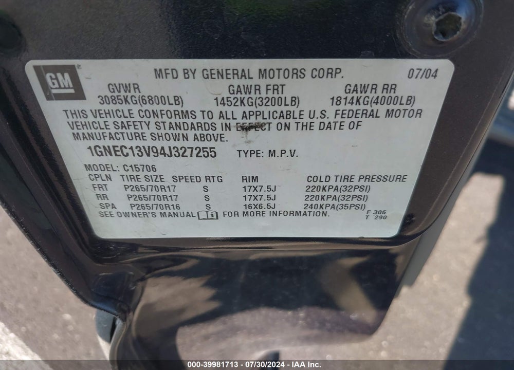 2004 CHEVROLET TAHOE LS VIN: 1GNEC13V94J327255