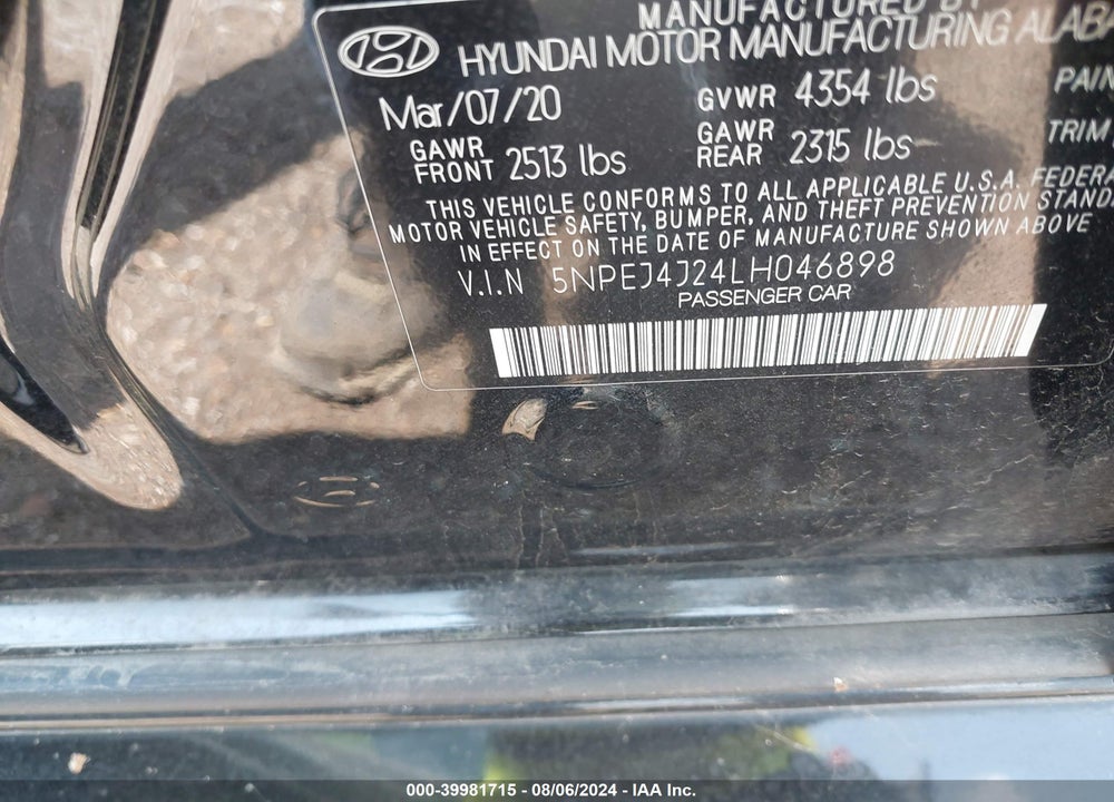 2020 HYUNDAI SONATA VIN: 5NPEJ4J24LH046898