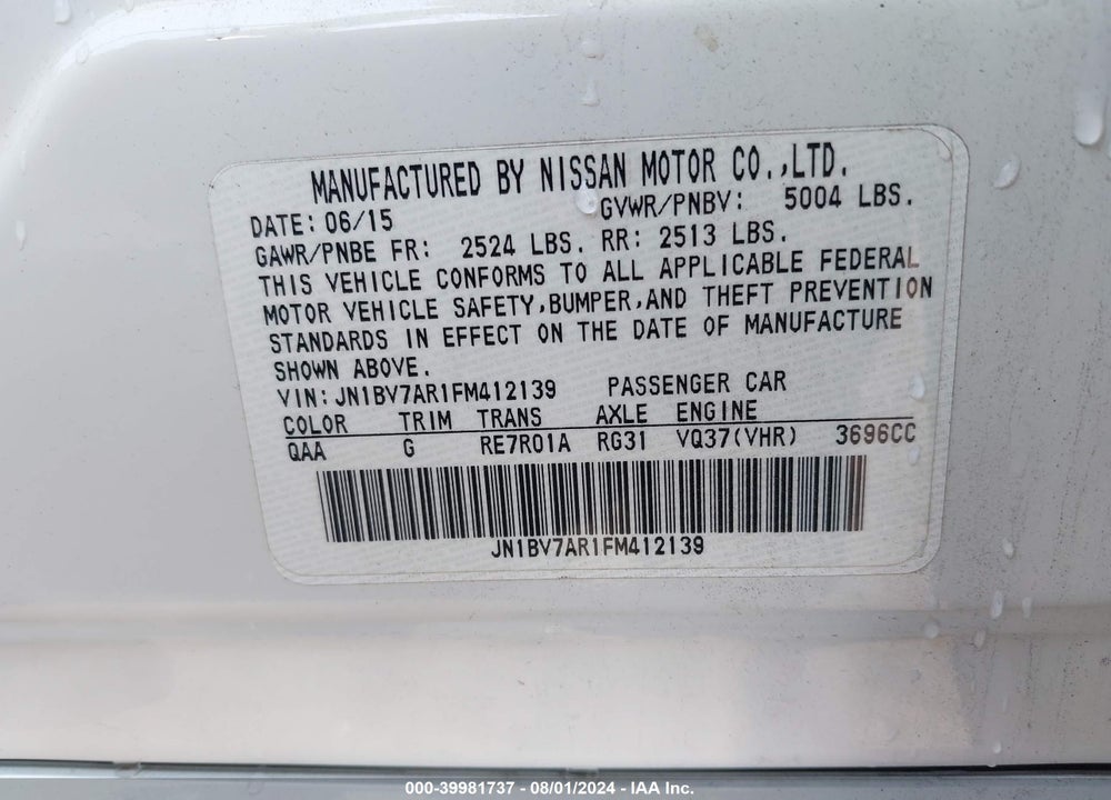 2015 INFINITI Q50 VIN: JN1BV7AR1FM412139