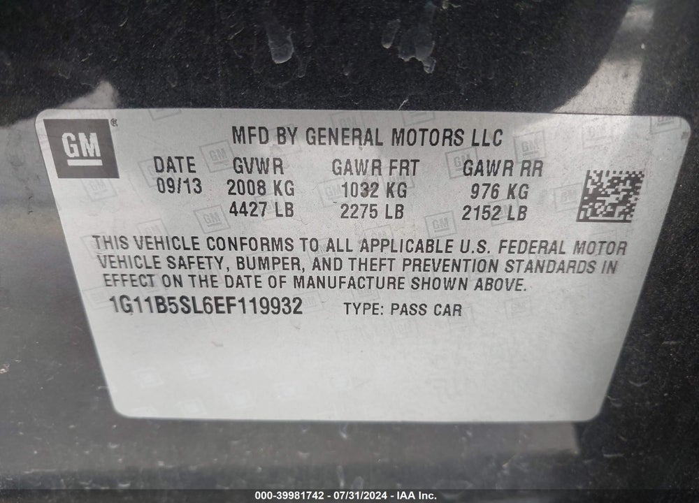 2014 CHEVROLET MALIBU 1LS VIN: 1G11B5SL6EF119932