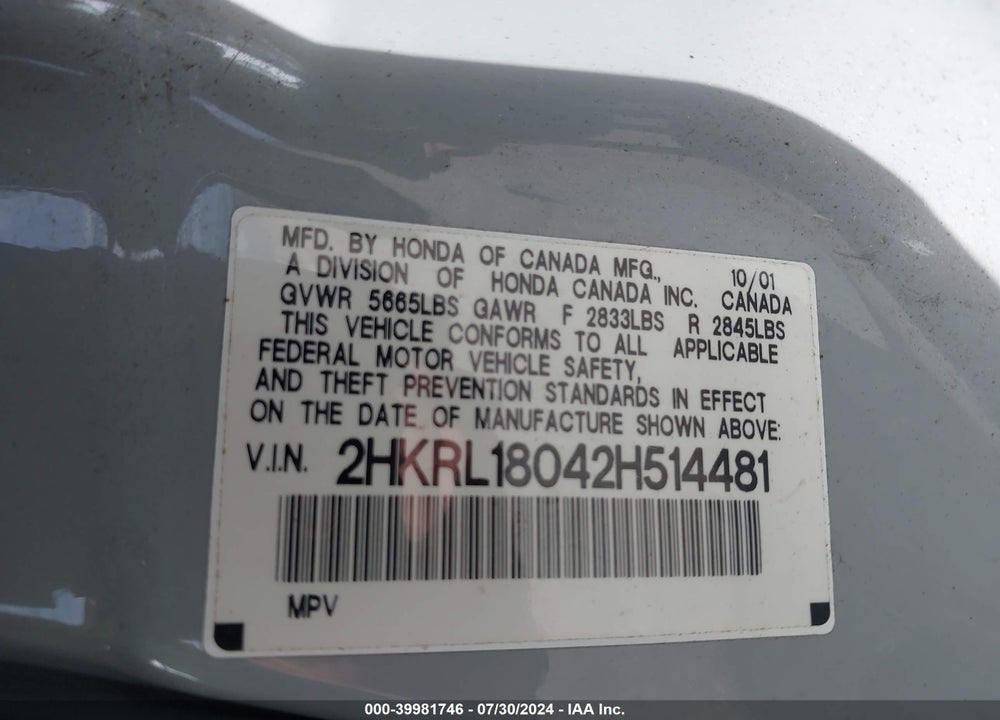 2002 HONDA ODYSSEY EX-L VIN: 2HKRL18042H514481