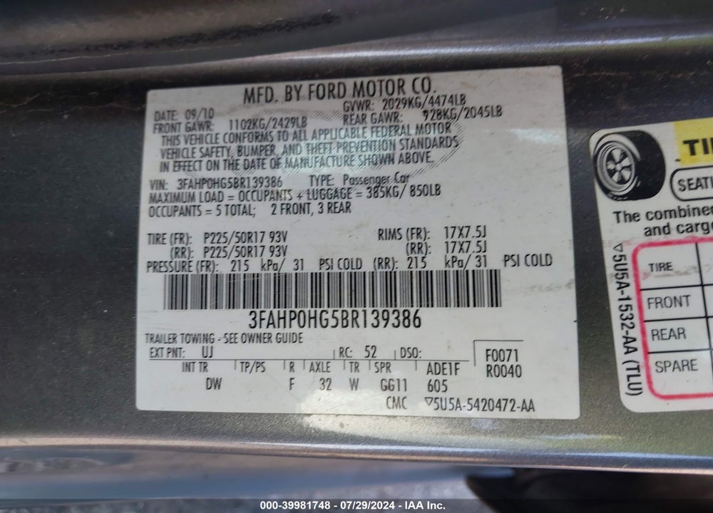 2011 FORD FUSION SE VIN: 3FAHP0HG5BR139386