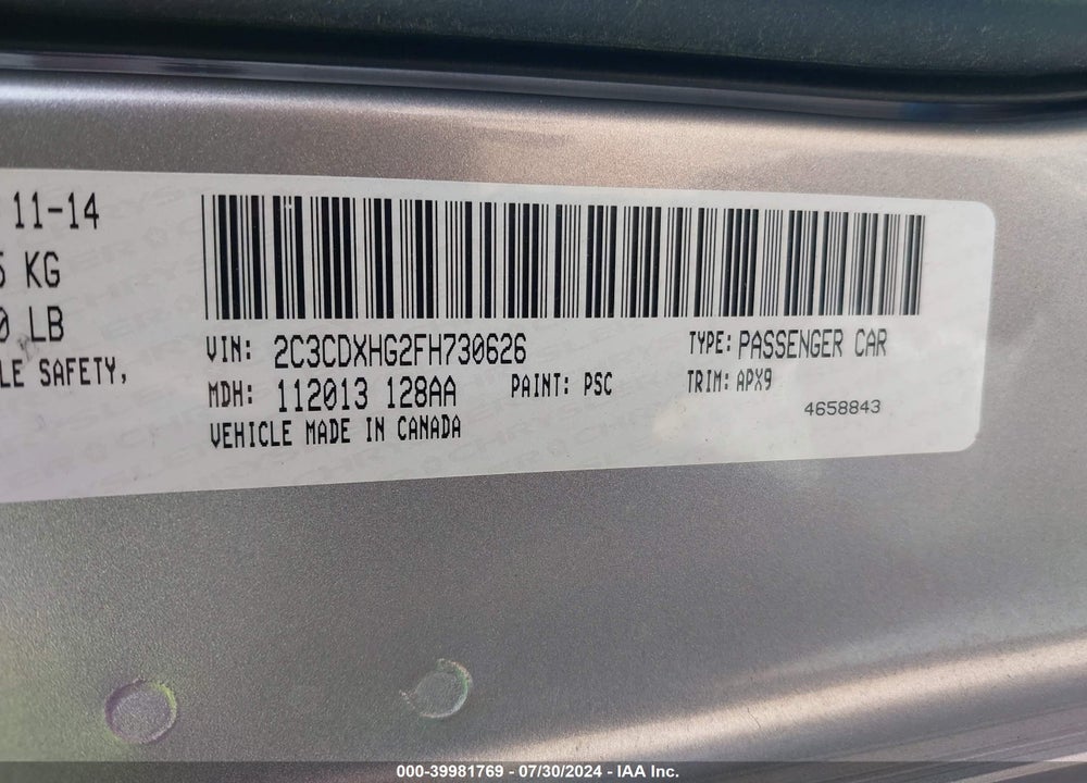 2015 DODGE CHARGER SXT VIN: 2C3CDXHG2FH730626