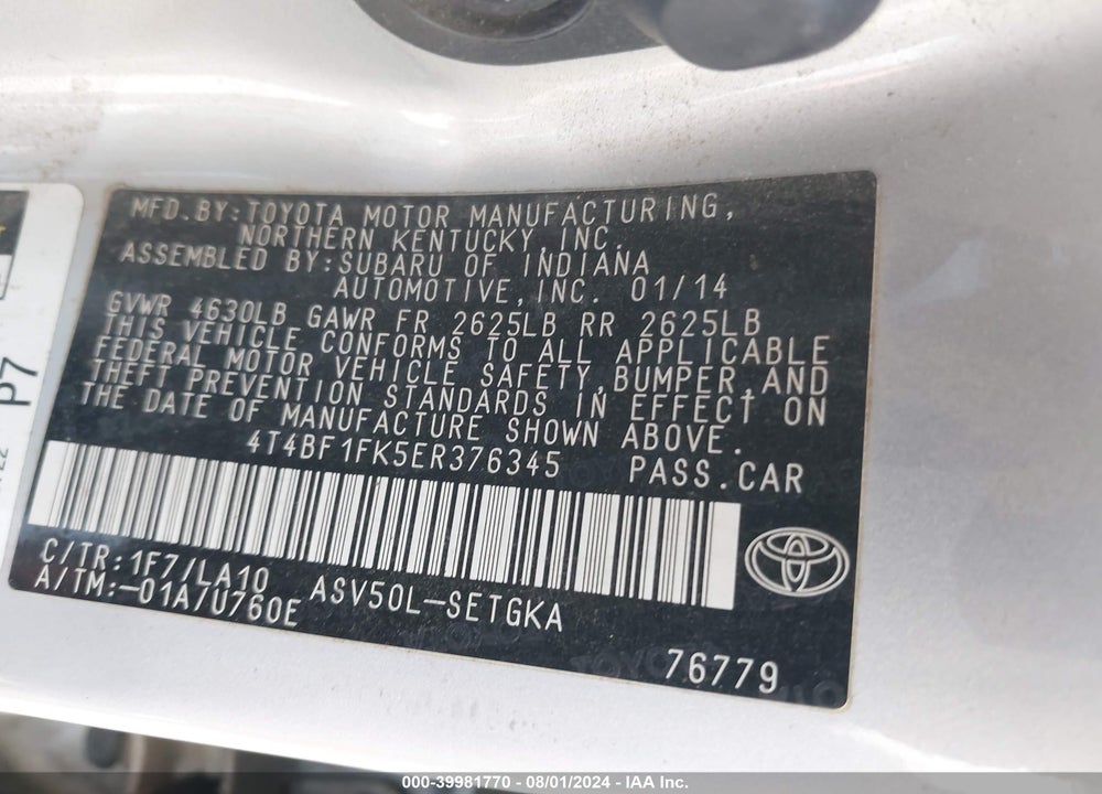 2014 TOYOTA CAMRY XLE VIN: 4T4BF1FK5ER376345