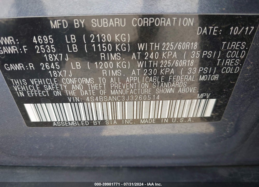 2018 SUBARU OUTBACK 2.5I LIMITED VIN: 4S4BSANC3J3260514