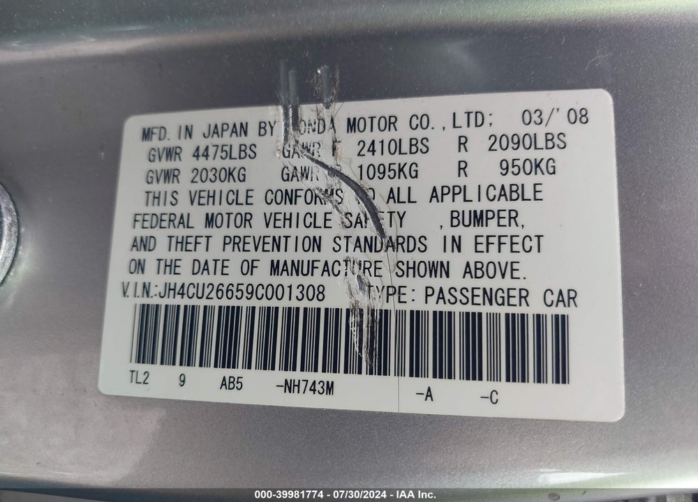 2009 ACURA TSX VIN: JH4CU26659C001308