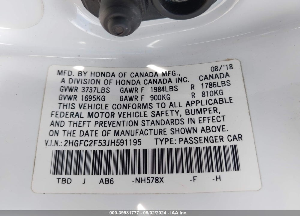 2018 HONDA CIVIC LX VIN: 2HGFC2F53JH591195
