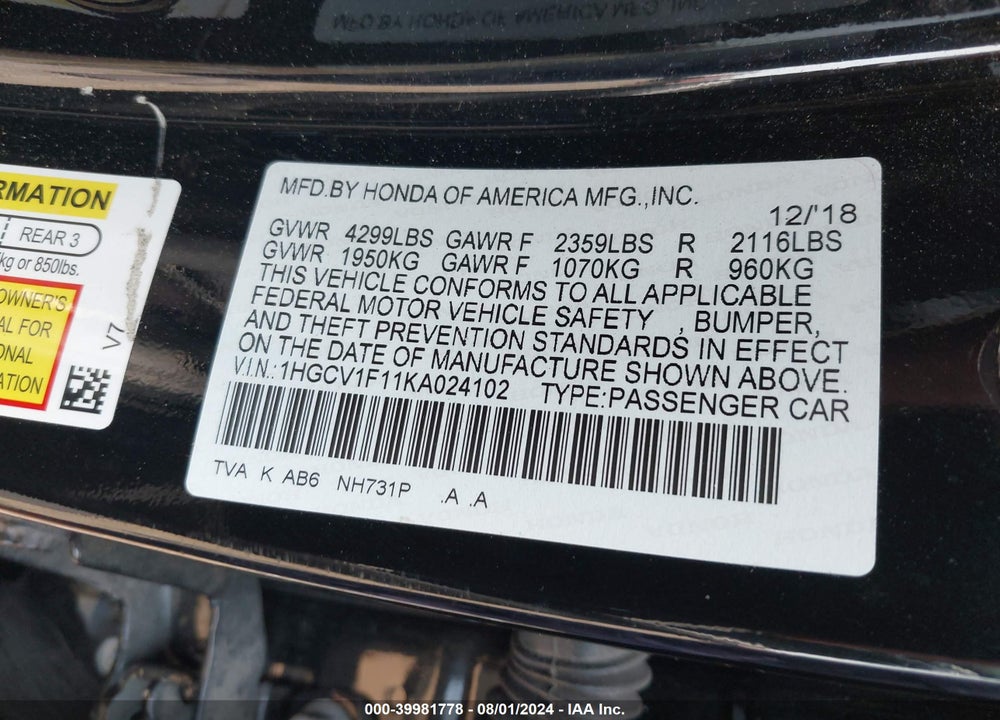 2019 HONDA ACCORD LX VIN: 1HGCV1F11KA024102