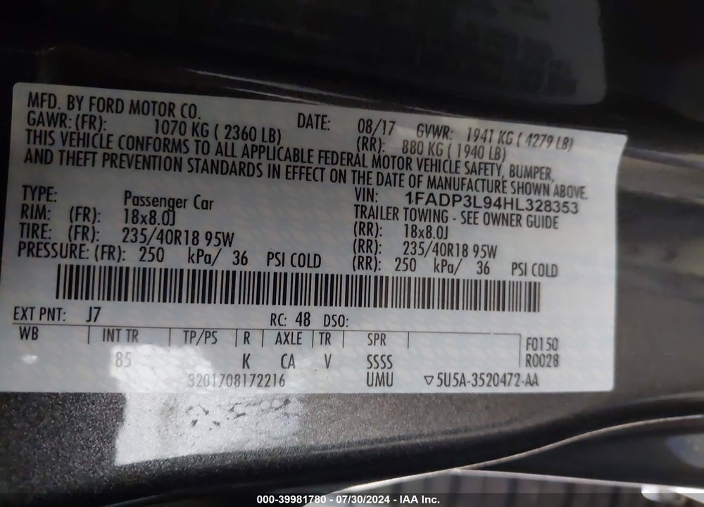 2017 FORD FOCUS ST VIN: 1FADP3L94HL328353