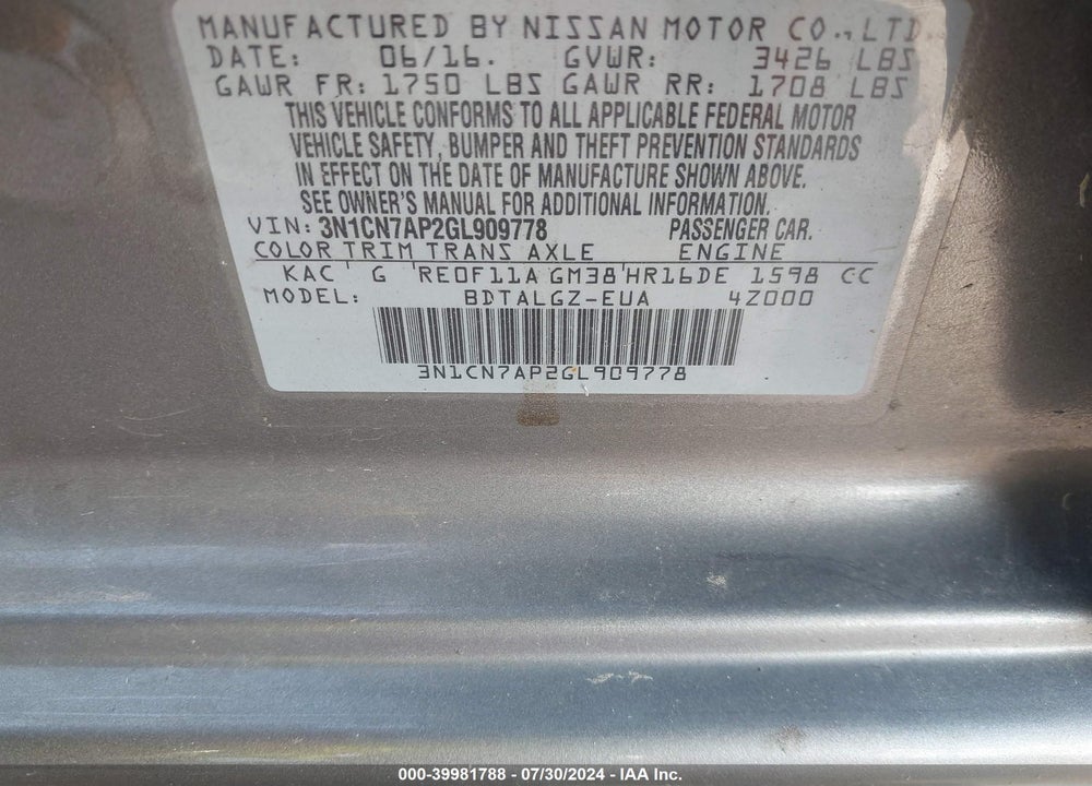2016 NISSAN VERSA 1.6 SL VIN: 3N1CN7AP2GL909778
