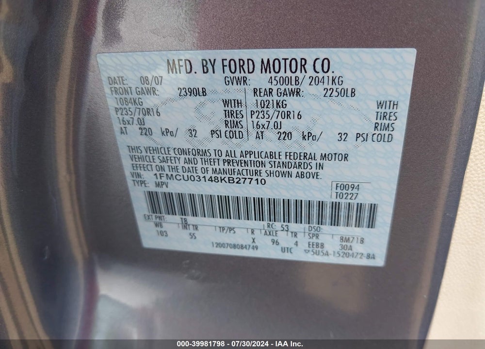 2008 FORD ESCAPE XLT VIN: 1FMCU03148KB27710