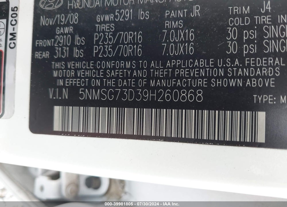 2009 HYUNDAI SANTA FE GLS VIN: 5NMSG73D39H260868