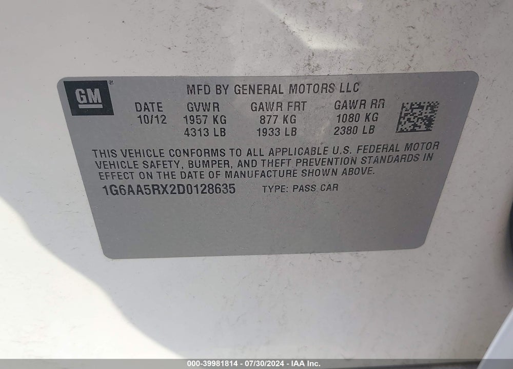 2013 CADILLAC ATS STANDARD VIN: 1G6AA5RX2D0128635