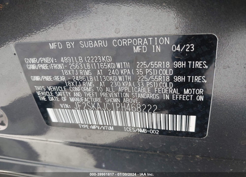 2023 SUBARU FORESTER SPORT VIN: JF2SKAJC1PH468222