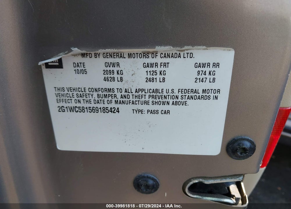 2006 CHEVROLET IMPALA LT VIN: 2G1WC581569185424
